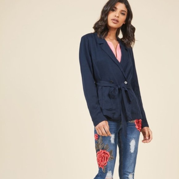 Modcloth Navy Blue Women's Blazer with Tie Waist XS - Picture 5 of 7